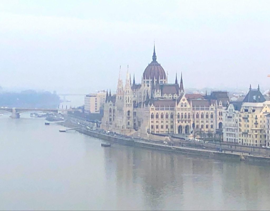 霧中のブタペストの街とドナウ川